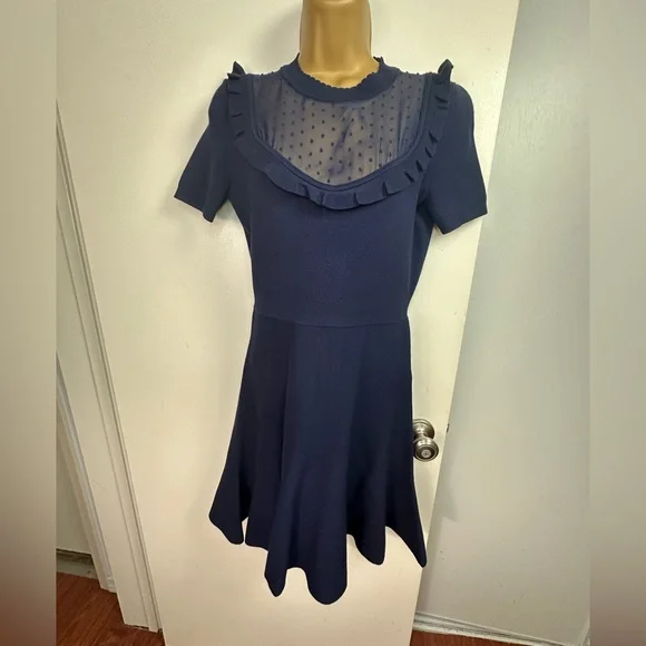 Draper James Ruffle Sheer Yoke Viscose A Line Sweater Dress Nassau Blue NWOT XS - Picture 7 of 16